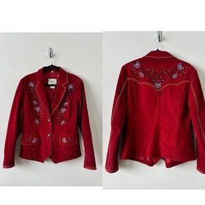 Cripple Creek-Red Western Studded & Embroidered Mid Length Suede Jacket